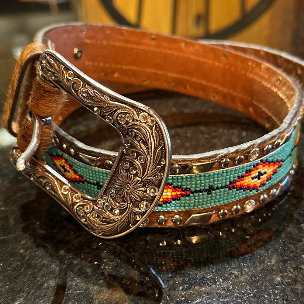 Ariat Hyde Leather Belt with Ornate beading/rhinestones/silver western buckle